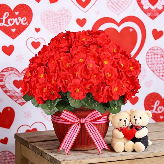 Artificial Flowers for Outdoors, 6 Bundles Realistic Silk Fake Red Geraniums, UV Resistant Faux Flowers for Planters, Hanging Baskets, Window Boxes, Porch, Patio Valentine's Day Decor