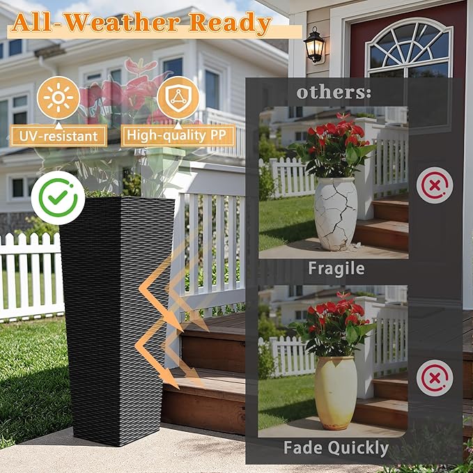 Greesum 32 Inch Tall Plastic Planters with Rattan Texture – Set of 2, Detachable Inner Pot & Drainage Holes, Indoor/Outdoor Decorative Flower Pots for Large Plants, Trees, Patio, and Garden, Black