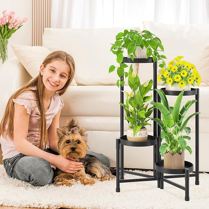 iDavosic.ly Plant Stand Indoor Outdoor, 4 Tier Corner Metal Flower Display Holder Shelf, Easy Assembly Folding Tall Orchid Rack for Patio Balcony Porch Garden Living Room House, Black