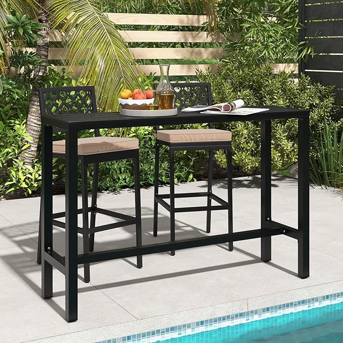 COSTWAY 3 Piece Outdoor Bar Table and Chairs Set, 55" Pub Height Bar Table & 2 Cushioned Bar Stools with Rhombus Backrest, Metal Patio Bar Table Set for Balcony, Backyard, Porch, Pool