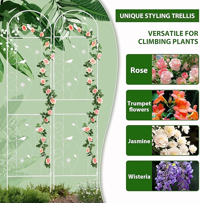 Metal Garden Trellis for Climbing Plants, 2 Pack 86.5" x 19.7" White Plant Trellis Outdoor, Clematis Rrellis Outdoor, Arched Decoration Suitable for lawns, Gard, White