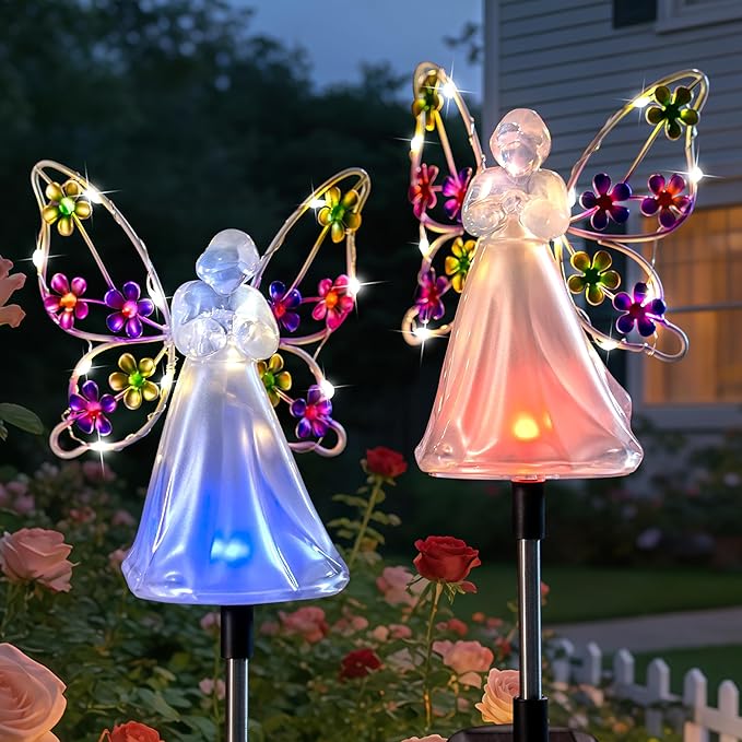 Angel Solar Lights for Cemetery Memorial Gift Grave Decorations Solar Angel Stake Lights Outdoor Waterproof Garden Decor Yard Lawn Ornaments, Angel Gifts for Women 2 Pack