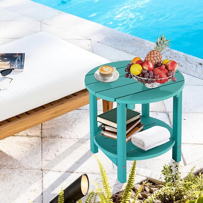 LZRS Round Adirondack Side Table Double End Table, Outdoor Side Tables for Patio, Backyard,Pool, Indoor Companion, Easy Maintenance & Weather Resistant(Turquoise)