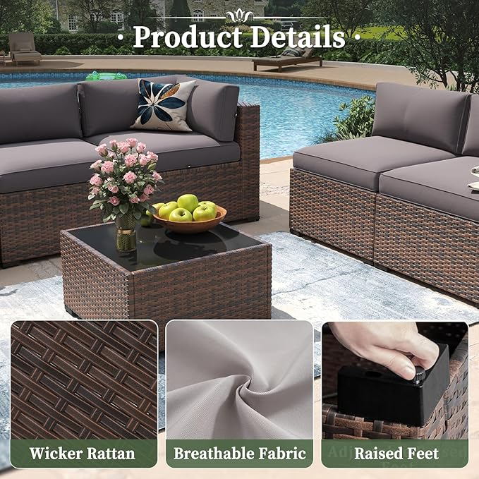 Aoxun 15 Piece Patio Furniture Set with 44” Fire Pit Table Wicker Rattan Outdoor Sectional Sofa Set with Coffee Table and Thickened Cushions, Grey (Waterproof Cover Included)