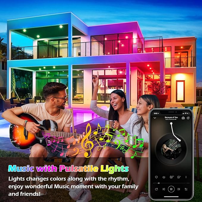 FBZ 100Ft Outdoor Waterproof LED Strip Lights,Music Sync RGB IP65 Led Lights with App Control and Remote,Color Changing Waterproof Led Rope Lights for Outdoor,Balcony,Roof,Garden,Stairs Party