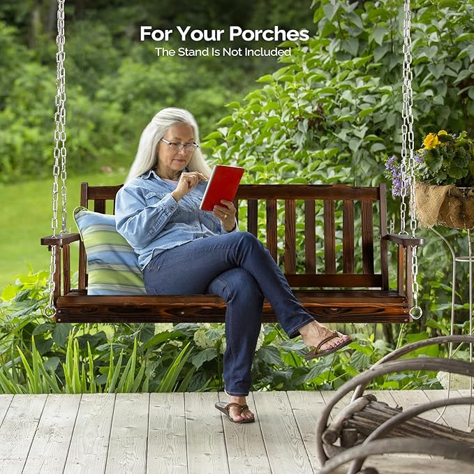 VINGLI Heavy Duty 880 LBS 5 FT Patio Wooden Porch Swing Outdoor with Upgraded Adjustable Chains, Outdoor Hanging Swing Bench for Garden, Yard, Balcony (5 FT, Rustic)