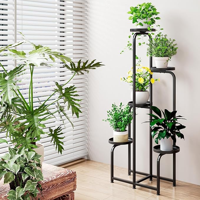 Plant Stand Indoor Outdoor 5 Tier Metal Plant Shelf for Multiple Plants Corner Flower Holders for Living Room Balcony Bedroom Patio Garden, Black (Black, 5-Tier)