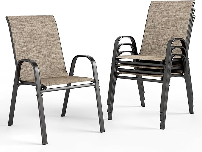 PHI VILLA Patio Chairs Set of 4, Outdoor Stackable Dining Chairs with E-Coating Metal Frame and Upgraded Textilene Fabric, All Weather Deck Chair 350 LBS Capacity for Porch Poolside Garden