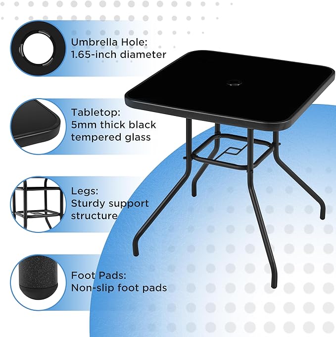 Yaheetech Outdoor Bistro Table with Umbrella Hole, 28in Patio Square Dining Table w/Silk Printing Glass Top, Weather-Resistant Patio Table for Garden Poolside Balcony Backyard, Black