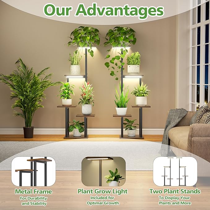 LATIBELL Plant Stand Indoor with Grow Light - 2 Pack Metal Plant Shelf for Indoor Plants Multiple, 5 Tiered Corner Plant Stand Shelves, Plant Rack Display Flower Holder for Living Room Patio Balcony