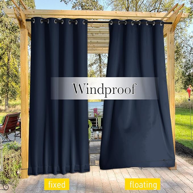 NICETOWN 2 Panels Weighted Outdoor Curtains for Patio Waterproof, Thermal Insulated Grommet & Back Tab on Top & Bottom Windproof Sun Blocking Draperies for Gazebo with Fixed Rope, Navy Blue, W66 x L84