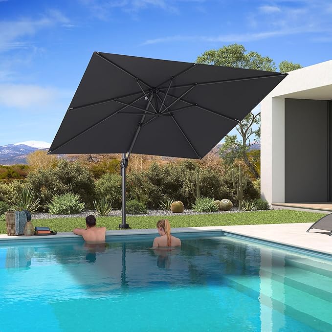 PURPLE LEAF 8' X 8' Patio Umbrella for Pool 7' High Offset Outdoor Cantilever Umbrella Swimming Pool Umbrella with 360°Rotation for Poolside Grey