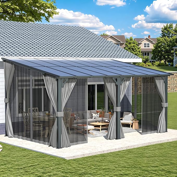 AECOJOY 16' x 10' Gazebo Outdoor Pergola for Patio with Curtains and Netting, Large Wall-Mounted Hardtop 10x16 Lean to Metal Gazebo Shelter Pergolas and Gazebos Clearance with Patio Roof