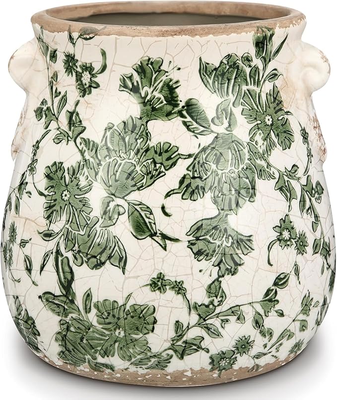 Vintage Plant Pot Rustic Planter Container with Drainage Hole Ceramic Ice Crack Flower Pot Decorative Planter for Indoor and Outdoor Tuscan Decor Vase Gardening Gift (Green)