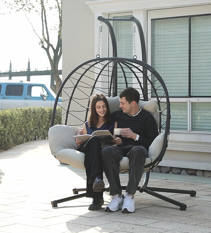 Double Egg Chair with Stand Hammock Swing Chair Foldable Hanging Loveseat, UV Resistant Removable Cushions, 700LBS Capacity for Bedroom, Balcony, Garden(BK-BE)