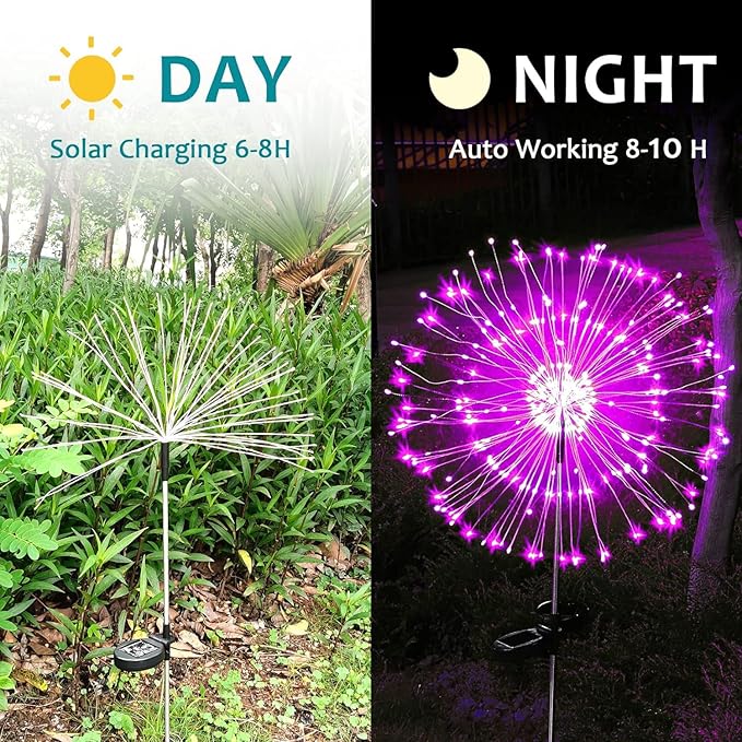 JJGoo Solar Firework Lights, 2 Pack 180 LEDs 2 Lighting Modes Solar Lights Outdoor Waterproof for Garden Patio Walkway Pathway Party Wedding Christmas Decorative - Pink