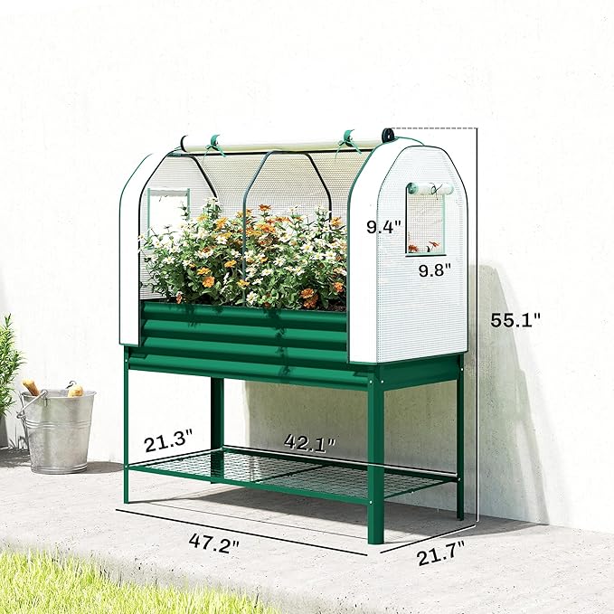 Outsunny Galvanised Raised Garden Bed with Greenhouse Cover, Metal Elevated Garden Bed with Legs, Bed Liner and Bottom Shelf, Outdoor Raised Planter Box for Vegetables, Herbs, Flowers, Green