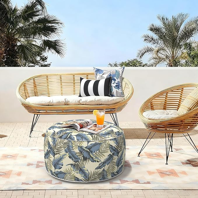 LVTXIII Outdoor Inflatable Ottoman, Fade-Resistant Round Footrest Stool D31”x H14”, Portable Patio Pouf for Garden Camping or Home Use, ‌Lush Palm Blue