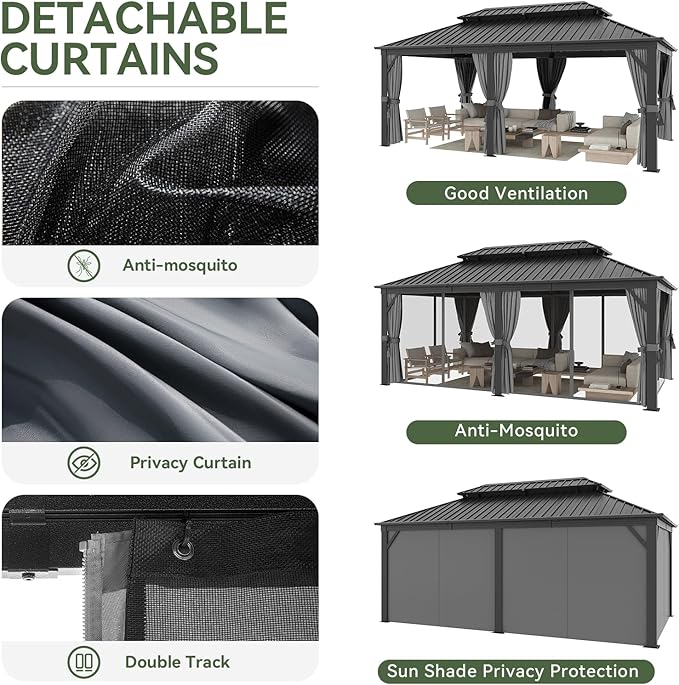 Aoxun 12' X 20' Hardtop Gazebo, Galvanized Steel Double Top, Aluminum Metal Gazebo with Curtains and Netting, Permanent Canopy Pavilion for Wedding, Party, Outdoor Dining