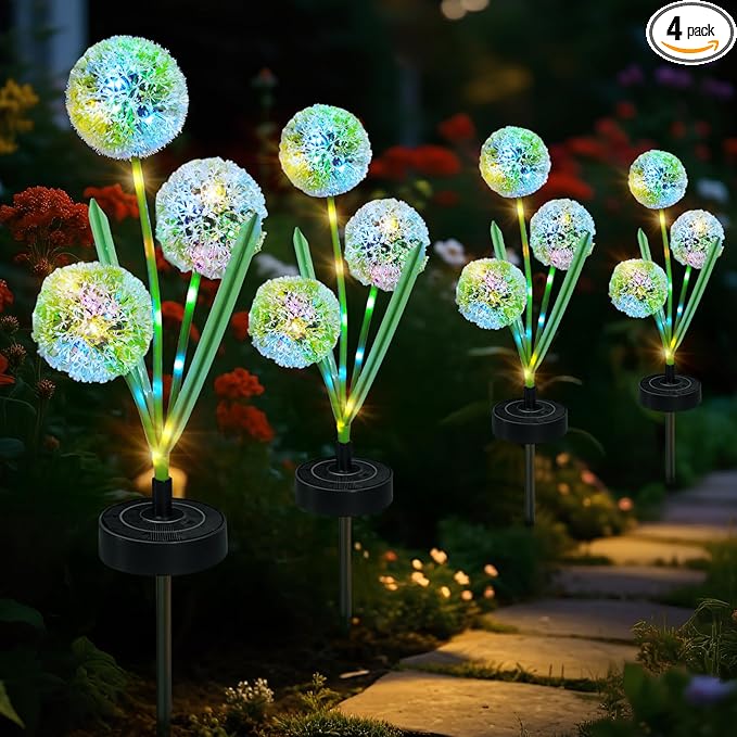Upgraded Solar Garden Lights, 4 Pack Outdoor Solar Lights, Bigger Round Panel for 40-Hour Runtime, Serve as Outdoor & Indoor Decor, Waterproof Flower Lights for Patio Yard Decoration