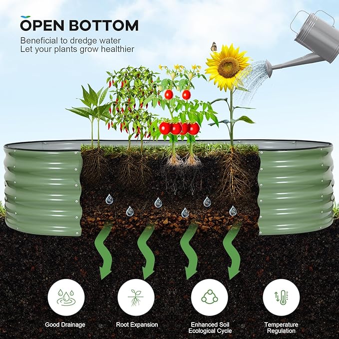 Galvanized Raised Garden Bed Outdoor, 6x3x1.4ft Oval Metal Raised Beds for Gardening, Rust-Resistant Garden Planter Box for Planting Vegetables, Flowers, Fruits in Lawn(Olive Green, 2 Packs)