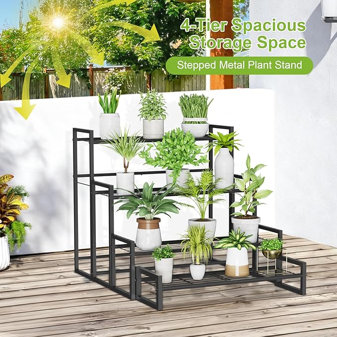 Plant Stand, 4 Tier Stackable Tiered Plant Stand, Scalable Heavy Duty Tall Plant Shelf for Indoor Outdoor, Garden, Display Shelves, Flower Pot Holder, Black