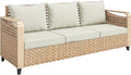 Outsunny Outdoor Patio Couch with Wide and Deep Seat, 3 Seater Wicker Outdoor Sofa with Wide Metal Armrests, Patio Furniture Couch with Cushions for Porch, Garden, Backyard, Beige | Removable Covers