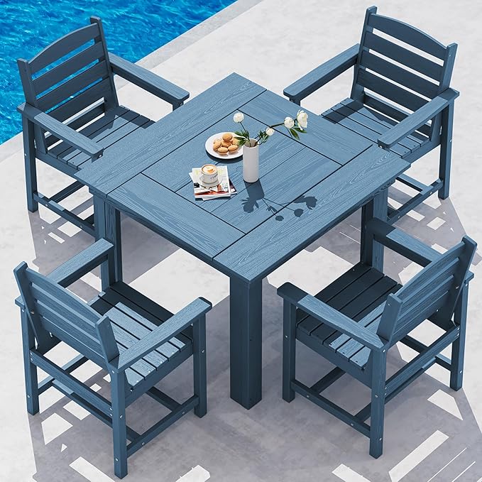 SERWALL Outdoor Dining Set for 4, HDPE Square Table and Chairs Set All Weather Patio Dining Set, 5-Piece Patio Dining Furniture for Deck, Blue