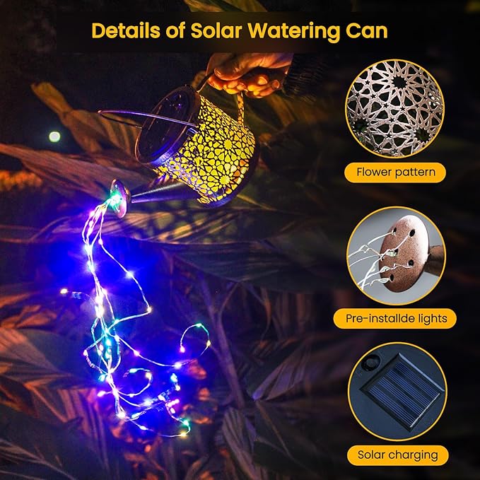 Solar Lights Outdoor Decorative, 2 Pack Metal Solar Watering Can Lights Waterproof, Small Hanging Garden Decor Yard Lights Outside Patio Lawn, Gifts for Mom Grandma Women Birthday(Colorful)