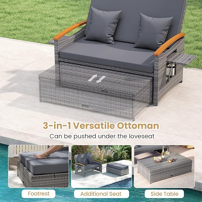 Tangkula Patio Rattan Daybed with 4-Level Adjustable Backrest, Outdoor Wicker Loveseat with Acacia Wood Armrest, Storage Ottoman & Folding Tray, Double Sunbed for Balcony, Backyard & Poolside (Grey)