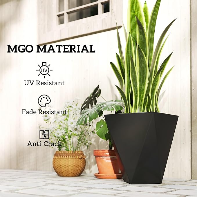 Outsunny Set of 3 Tall Planters, 18", 15.25", 11.75", MgO Indoor Outdoor Planters with Drainage Holes, Stackable Flower Pots for Garden, Patio, Balcony, Front Door, Black