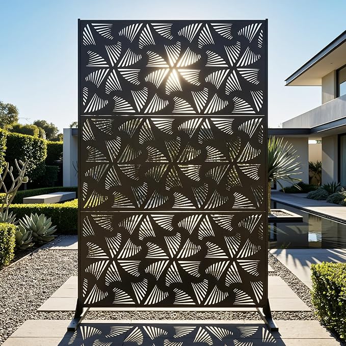 72in Metal Privacy Screen Outdoor Decorative Panel – Freestanding Rustproof Steel Patio Divider for Garden, Backyard, or Balcony, Modern Laser Cut Design for Stylish Privacy & Outdoor Decor