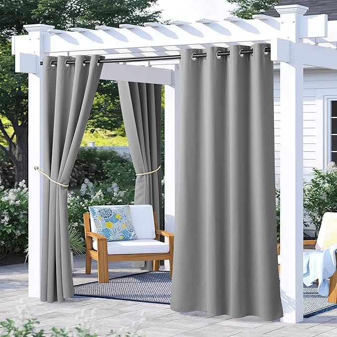 NICETOWN 2 Panels Outdoor Curtains for Patio Waterproof, Rustproof Grommet Blackout Waterproof Indoor Outdoor Curtains & Drapes Thermal Insulated for Cabana, Silver Grey, W52 x L72