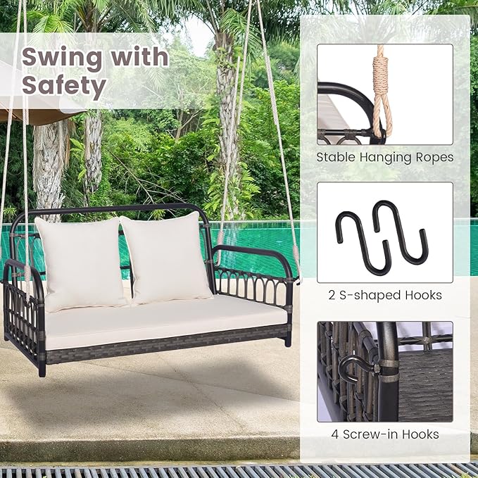 Tangkula Outdoor Wicker Porch Swing, 2-Person Hanging Seat with Seat & Back Cushions, Heavy-Duty Metal Frame & 2 Sturdy Hanging Ropes, Wicker Woven Swing Loveseat for Front Porch