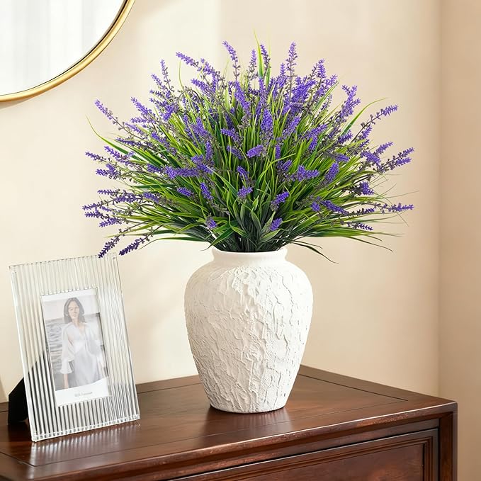 24 Pcs Artificial Faux Plants for Outdoor Spring Decoration, Fake Monkey Grass for Garden Porch Balcony Planters, Fake Greenery Shrubs UV Resistant No Fade Plants Bush for Pathway(Purple)