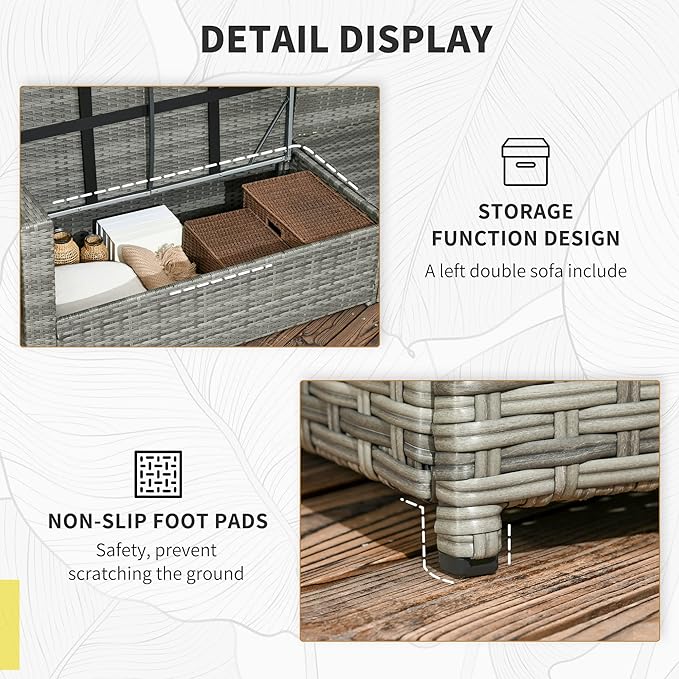 Outsunny 7 Piece Rattan Outdoor Patio Furniture Set, L-Shaped Sectional Sofa Conversation Set with Loveseats, Ottomans, Dining Table, Cushions, Storage, Mixed Gray