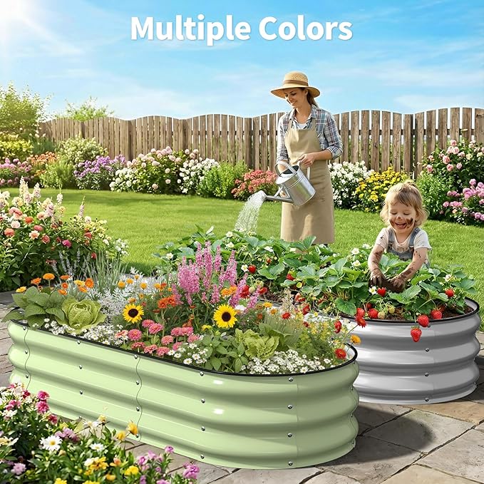 Kesfitt Raised Garden Bed, 5x2x1 FT Galvanized Steel Metal Raised Garden Bed, Oval Open-Bottom Design, 12-Inch Deep for Outdoor Vegetable & Herb Gardening, Silver