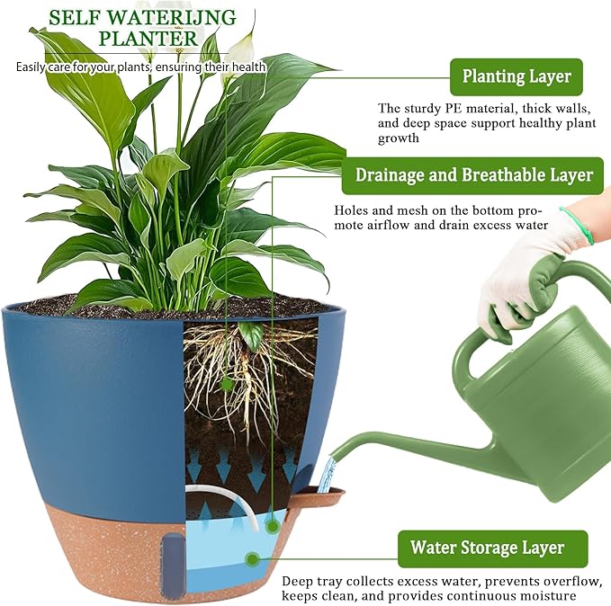 12/10/8 inch Plant Pots, Large Plastic Self Watering Planters with Drainage Holes, Deep Reservoir, Water Level Indicator, Modern Decorative Flower Pots for Indoor Outdoor Plants (Navy Blue, 12/10/8)
