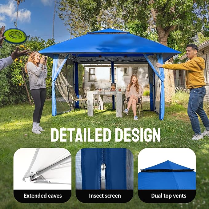 CROWN SHADES 13x13 Pop Up Gazebo, Canopy Tent, Gazebos on Clearance - Outdoor Gazebo for Backyard & Patio Furniture - Carpa Pop Up Tent with Wheeled STO-N-Go Cover Bag (Blue)