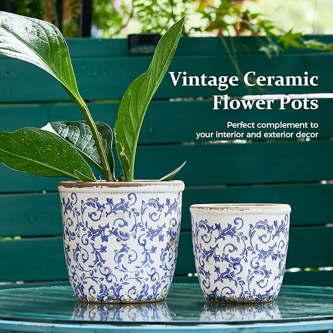 Vintage Ceramic Planter with Drainage Hole, Plastic Tray & Mesh, 6.5 Inch - Indoor/Outdoor Flower Pot, Blue Floral Rustic Farmhouse Design Plant pot for Home, Office & Garden Décor, Ideal Gift