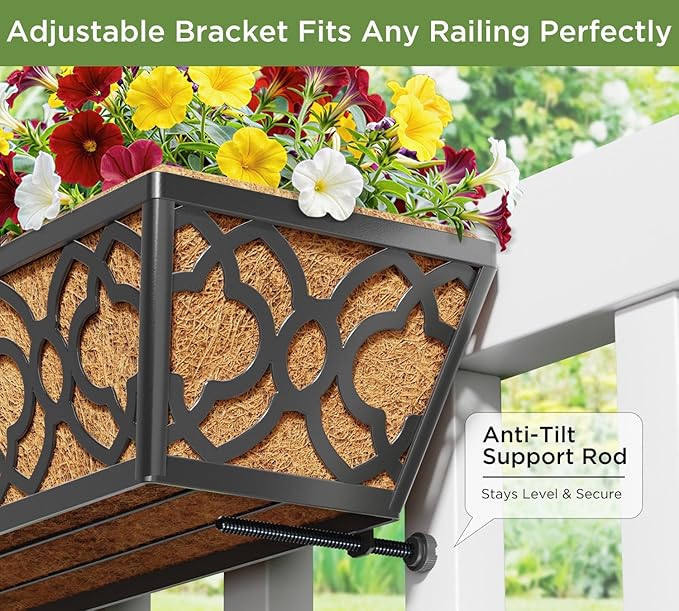 HFHOME 24 Inch Window Deck with Coco Liner, 24" Window Boxes Horse Trough with Coconut Coir Liner, Black Metal Hanging Flower Planter Basket Railing Planter for Outdoor Indoor Lawn - 4 Pack