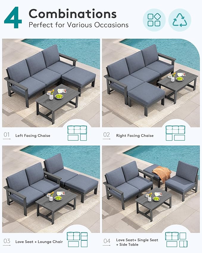 SERWALL Outdoor Sectional Sofa Set, 5-piece Outdoor Modula Couch Set with Ottoman, All Weather Patio Furniture Set with Chaise for Deck, Lawn, Gray Frame with Gray Cushion