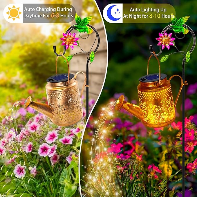Solar Powered Hummingbird with Flowers Watering Can Lights Waterproof Outdoor Garden Decor with Shepherd Hook, Hanging Lights for Yard, Porch, Backyard Perfect Christmas Gift for Women, Mom, Grandma