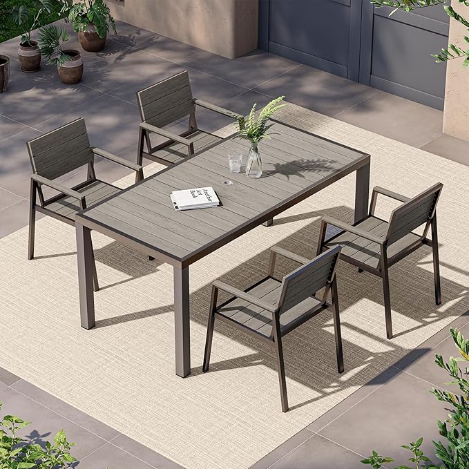 5-Piece Outdoor Dining Set, Aluminum Dining Table Set for 4, Patio Table and Chairs Set with Umbrella Hole, All Weather HDPS Outdoor Table and Chairs for 4 (Gray)