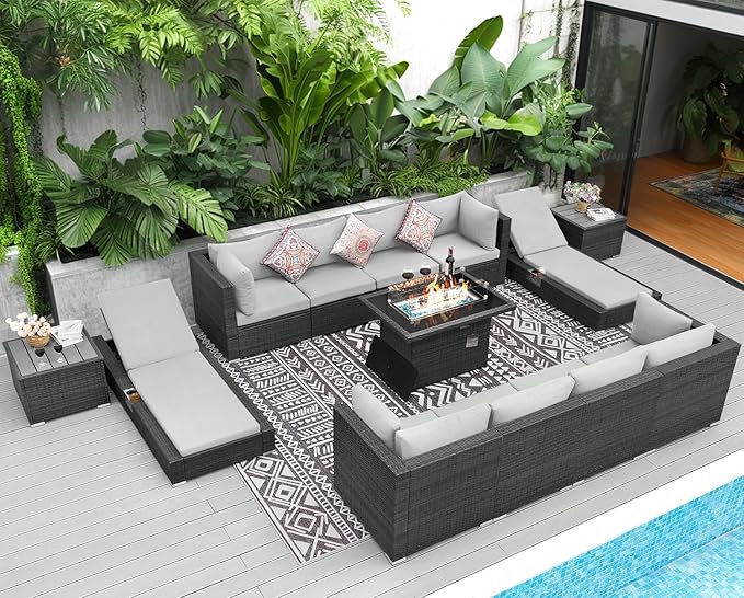 NICESOUL 13 Piece Outdoor Wicker Patio Furniture with Fire Pit, Oversized Grey Outdoor Seating Set with Fire Pit Table & Chaise Lounge, 29.3" High Back Sectional Couch Sets for Tall/Big Person