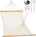 Lazy Daze Hammocks Double Rope Hammock, 2 Person Traditional Outdoor Hand Woven Cotton Rope Hammock with Spreader Bar, Carabiners, Tree Straps, Chains for Patio Yard - Max 450 Lbs, Natural