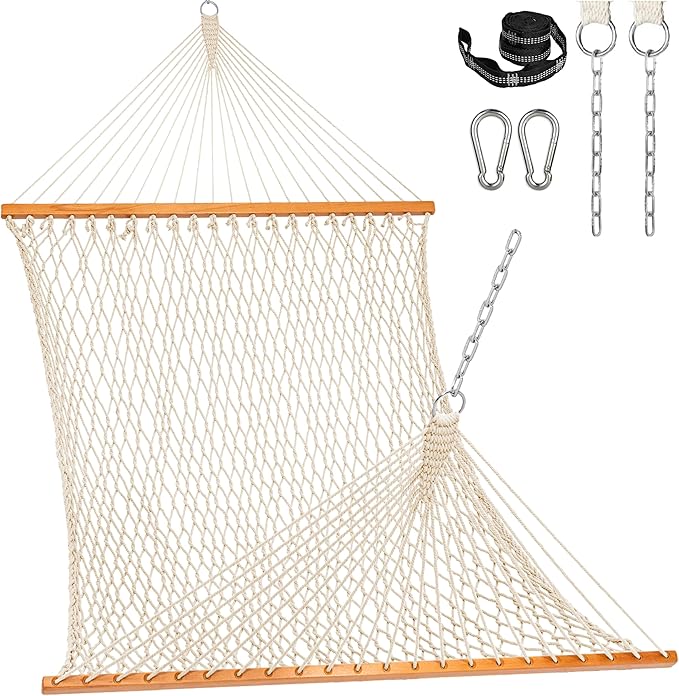 Lazy Daze Hammocks Double Rope Hammock, 2 Person Traditional Outdoor Hand Woven Cotton Rope Hammock with Spreader Bar, Carabiners, Tree Straps, Chains for Patio Yard - Max 450 Lbs, Natural