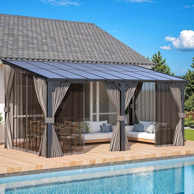 AECOJOY 16' x 8' Gazebo Outdoor Pergola with Curtains and Netting, 8'x16’ Hard Top Lean to Pergolas and Gazebos Clearance with Patio Roof Shelter, Large Wall-Mounted Heavy Duty Metal Awnings for Patio