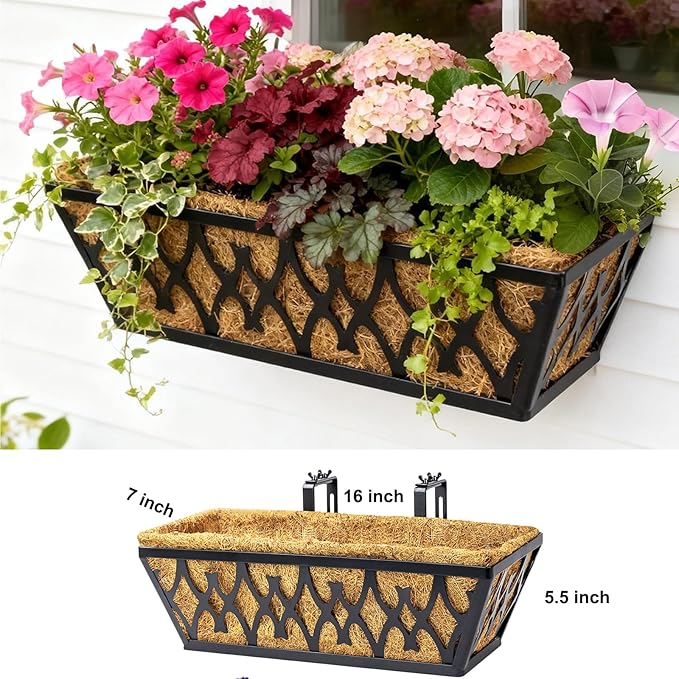 4 Pack 16 Inch Window Boxes Planters Railing Planter Box with Adjustable Brackets for Porch Fence Patio Balcony Hanging Flower Baskets with Coco Liners for Outdoor Garden Decor - Black