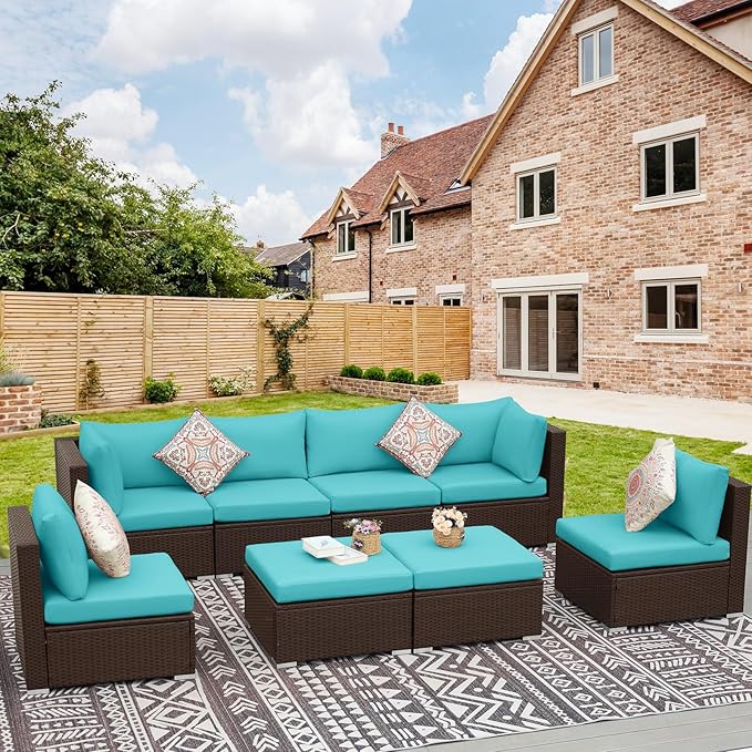 NICESOUL 8 Piece Outside Furniture Set, 29.3'' High Back Deep Seating Wicker Patio Modular Sectionals, Oversized Modern Comfy Conversation Sets for Backyard, Brown Rattan and Teal Cushion